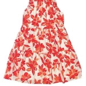 Red and White Pleated Halter Midi Dress